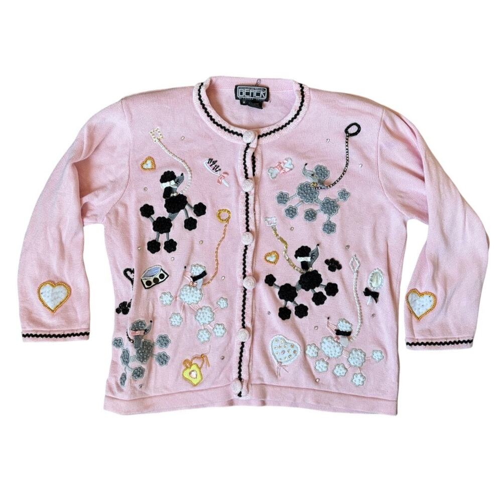 VTG Berek Pink Poodle Embroidered Rhinestone Beaded 3/4 Sleeve Cardigan Sweater